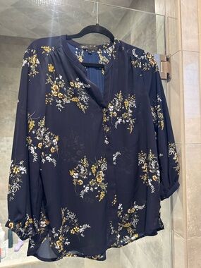 Gibson Navy Floral Button-Up Blouse with Yellow Accents